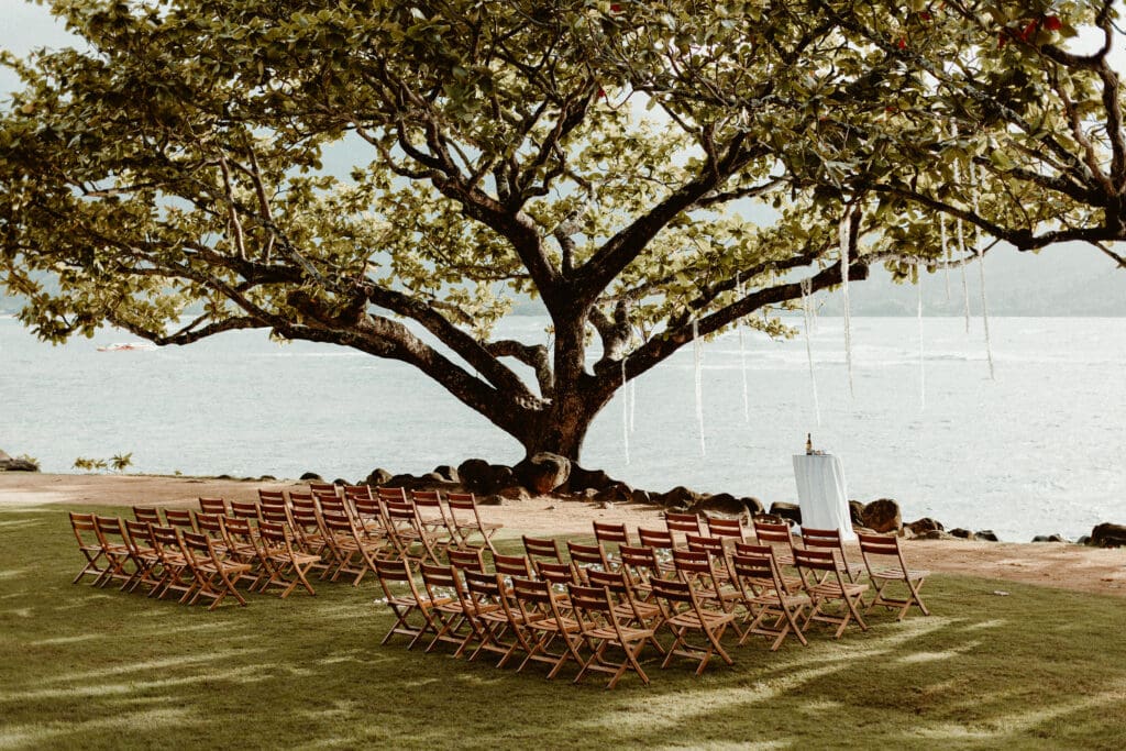 Outdoor wedding ceremony setup under a large tropical tree overlooking Hanalei Bay at 1 Hotel Hanalei in Kauai, Hawaii — wooden chairs arranged on lush green lawn facing the ocean with hanging floral garlands, captured by Orange Blossom Special Events.